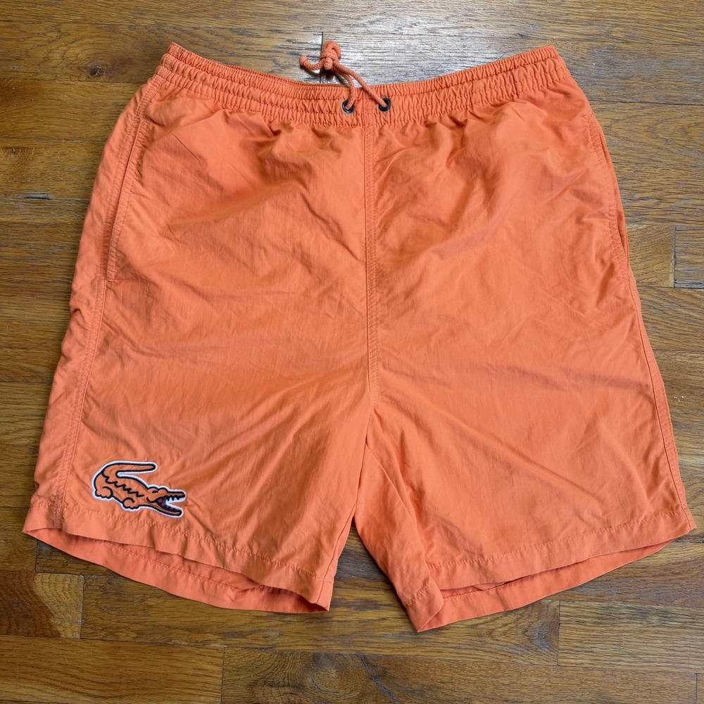 Lacoste Swim Shorts Mens Medium Orange Big Croc Mesh Lined Drawstring Sz 4 FR